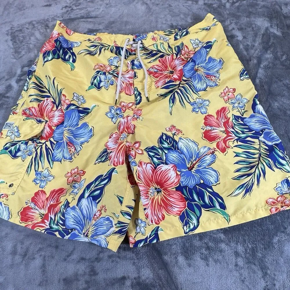 Polo Ralph Lauren Sz 4XL Tall Floral Hibiscus Yellow Hawaiian Swim Trunks Pocket